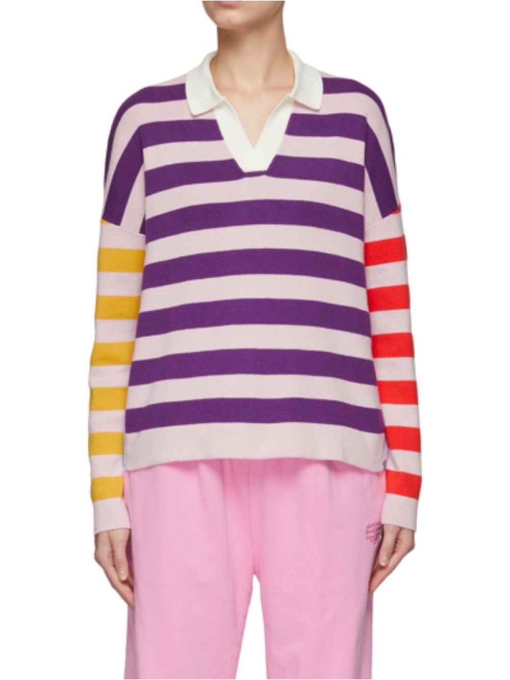 KULE Joey Striped V-Neck Sweater in Purple, Light Pink, Yellow & Red